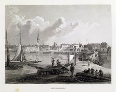 historical view of Düsseldorf along the Rhine River circa 1830