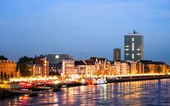 Rathausufer riverbanks in Old Town Düsseldorf during twilight