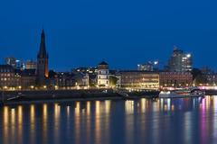 Rhine bank promenade in Düsseldorf at blue hour