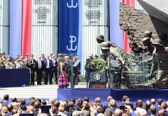 President Donald Trump watches Battle Group Poland U.S. Soldiers place wreaths at Warsaw Uprising Monument