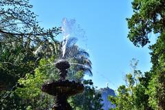 Fountain in Jardim Botanico with view of Cristo Redentor in Rio de Janeiro