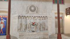 Mural sculpture of Pingali Venkayya gifting national flag to Gandhi at Bapu museum