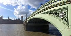 Skyline of London with the River Thames in the foreground and prominent buildings like The Shard in the background