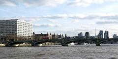 Westminster Bridge and St Thomas' Hospital from the River Thames at the north