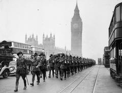 Australian 6th Division troops marching across Westminster Bridge in 1940