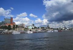 View of St. Pauli Piers in Hamburg from a harbor tour on the Norderelbe River