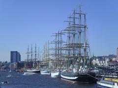 Four sailing ships in Hamburg harbor celebration