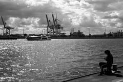 View from Landungsbrücken ferry station in black and white