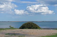 Étang de Leucate and the village of Leucate seen from Aire de Fitou in Aude, France