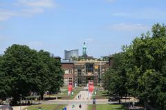 View from the Tonhalle towards Ehrenhof, Inselstraße, and Museum Kunstpalast in Düsseldorf.