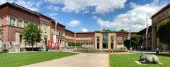 Museum Kunstpalast Ehrenhof with fountain and Johannes Brus sculpture