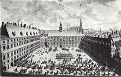 Historic depiction of the Hofburg Palace's inner courtyard in Vienna