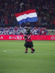 Wisła Kraków supporters with flag during UEFA Champions League qualifying match