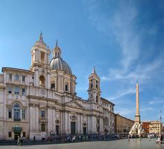 Piazza Navona in Rome looking north with Church of Sant'Agnese in Agone on the left and Fountain of the Four Rivers in center