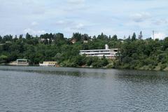 Brno Reservoir with lush greenery and clear blue skies in Brno, Czech Republic