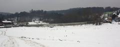 Drained Brno Reservoir revealing dam