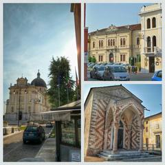 Collage of Piazza Santi Filippo e Giacomo, Sandrigo town hall, and Sandrigo temple