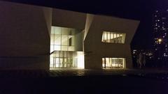 Front entrance of Aga Khan Museum in Toronto at night