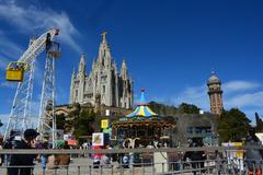 Tibidabo attractions with Temple Expiatori del Sagrat Cor, Talaia del Tibidabo, Tibidabo Carousel, and Torre de les Aigües de Dos Rius