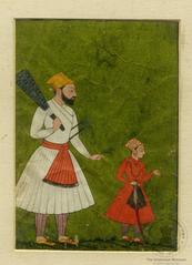 Painting of Guru Har Krishan holding a sword with an armed Sikh attendant