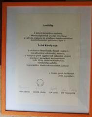 Karoly Szabo memorial certificate issued on August 4, 2010