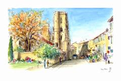 ballpoint pen and watercolour sketch of Lectoure, France