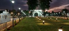 Illuminated Anna Memorial at night in Chennai