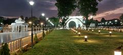 Illuminated Anna Memorial at night in Chennai