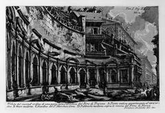 black and white engraving of an ancient Roman cityscape with classical architecture