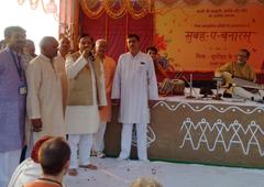 Dr. Mahesh Sharma at morning prayer in Assi Ghat, Varanasi