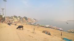 Assi Ghat in Varanasi with boats on the Ganges River and people on the steps