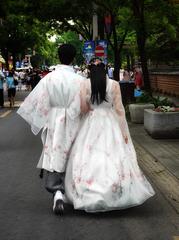 couple wearing colorful Hanbok costumes in Gyeongju