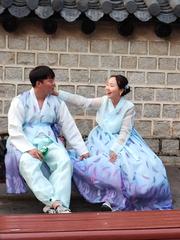 Couple wearing traditional colorful Hanbok in Gyeongju