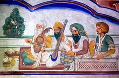 Sikh ragi jatha performing with traditional instruments in presence of Guru Amar Das