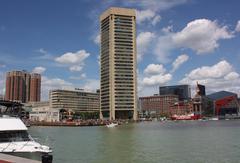 Baltimore World Trade Center building with Inner Harbor in the foreground