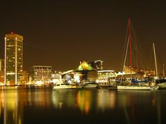 Baltimore Inner Harbor at dusk with waterfront buildings and boats