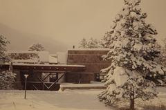 Mission 66 visitor center covered in snow in Rocky Mountain National Park