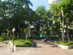 Benjasiri Park overview with walking paths, trees, and pond, Bangkok