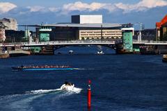 Langebro bridge in Copenhagen with boats and modern buildings