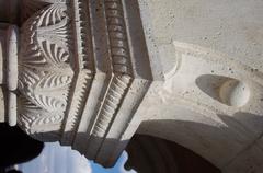 Neo-medieval barbaric capital at Fisherman's Bastion in Budapest, March 2019