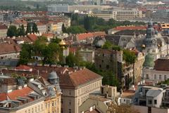 View of Hundertwasserhaus from St. Othmar church tower in Vienna