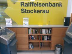 Open bookshelf in Raiffeisenbank at Rathausplatz in Stockerau