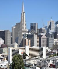 view from Ina Coolbrith Park in San Francisco toward Chinatown and Financial District with North Ping Yuen housing complex in the foreground