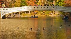 Bridge over boat pond in Central Park with autumn trees