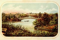 Lithograph of Central Park featuring The Lake and Bow Bridge