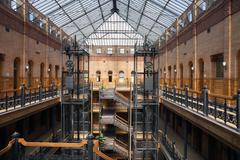 Modern atrium with geometric design and natural lighting