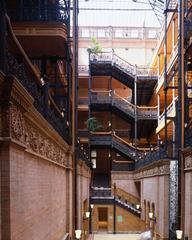 Bradbury Building atrium interior with staircases in Downtown Los Angeles