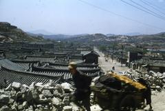 Person pulling a cart loaded with cabbages in a traditional Korean village in 1954