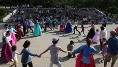 Traditional Korean dance Ganggang Sulae performed in Namsangol Hanok Village, Seoul