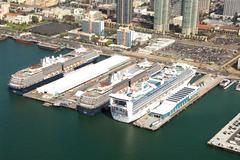 Aerial view of the Port of San Diego with three cruise ships docked